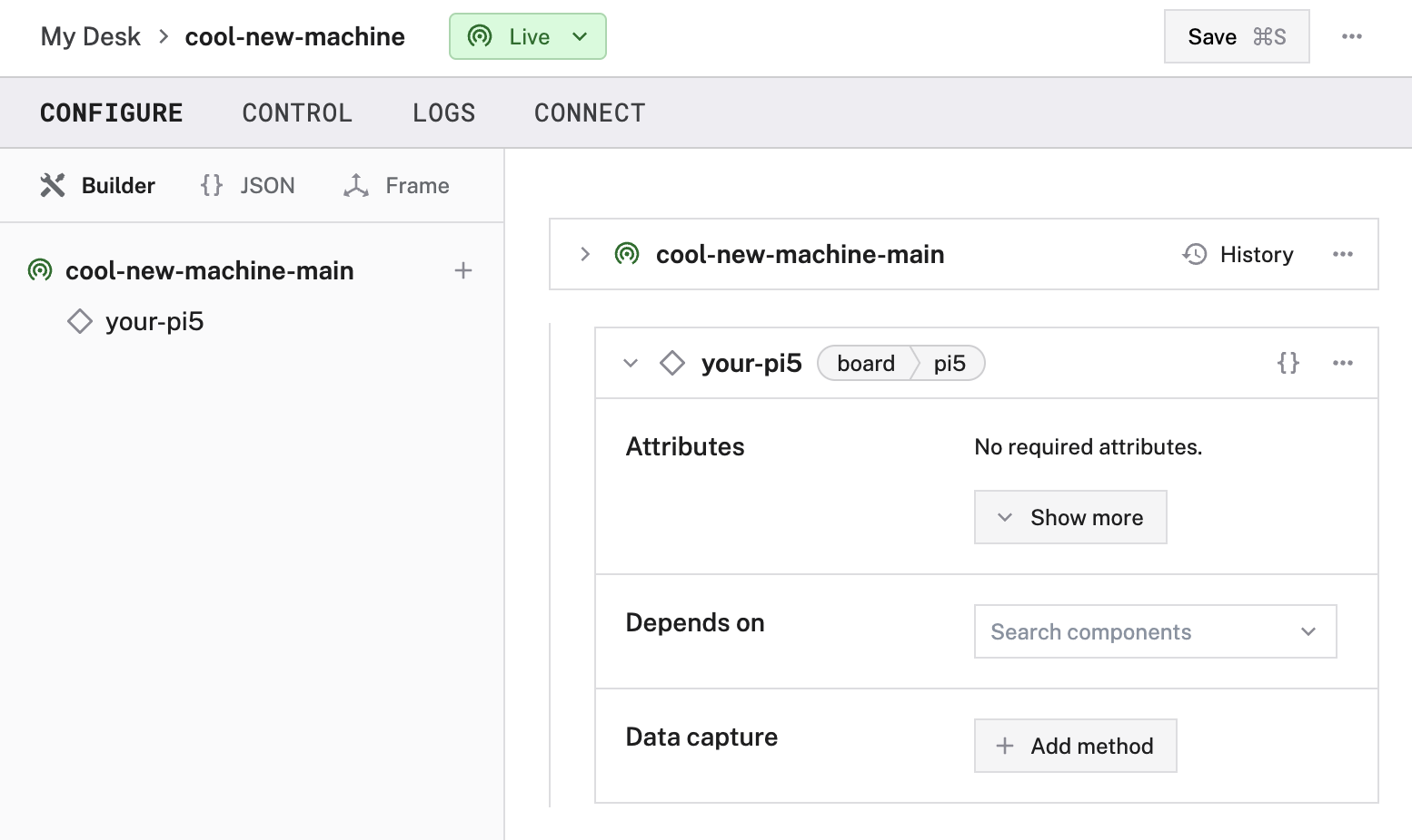 An example board configuration in the app builder UI. The name (local), type (board) and model (pi5) are shown. No other attributes are configured.